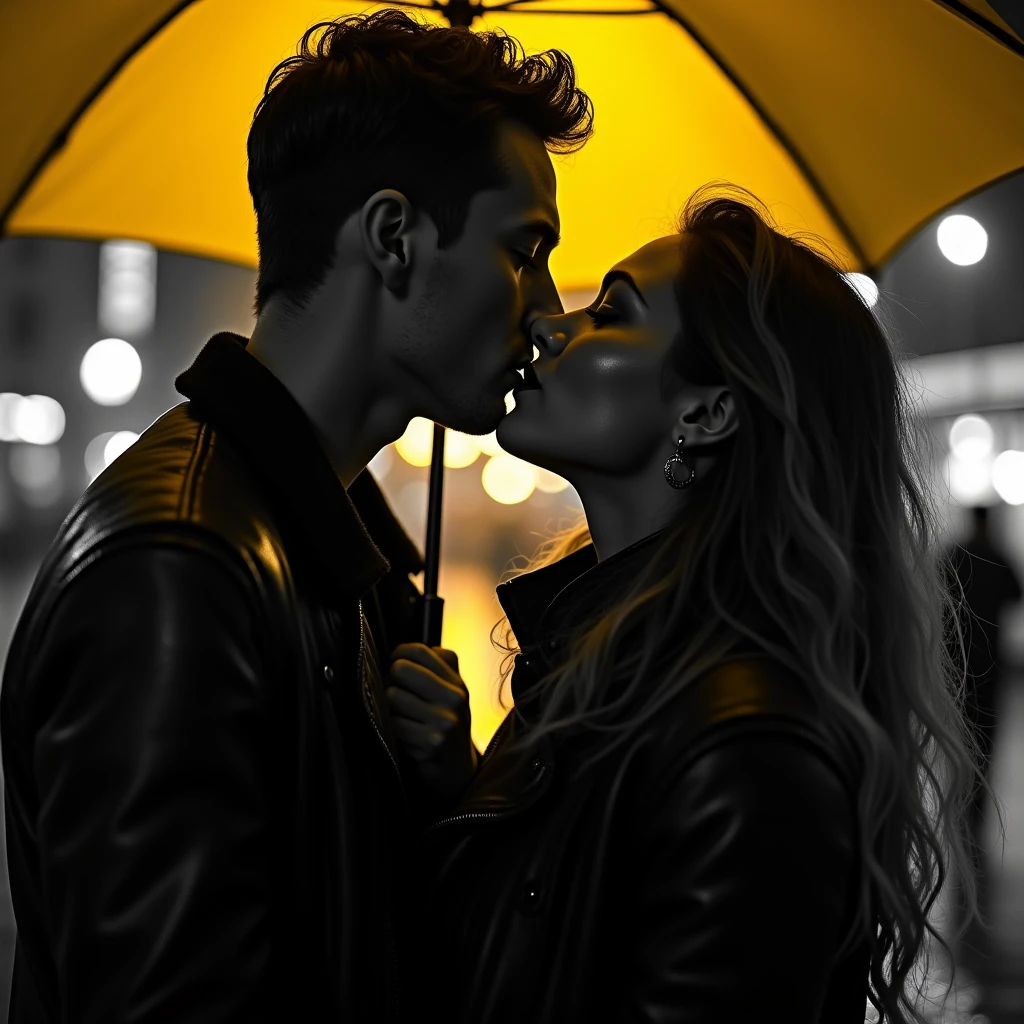 image noir et blanc, deux jeune europeen s'embrassent sur la bouche humide en se regardant dans les yeux sous un parapluie jaune, sous la pluie, lèvres humides, éclairage en couleurs jaune. Photographie amateur