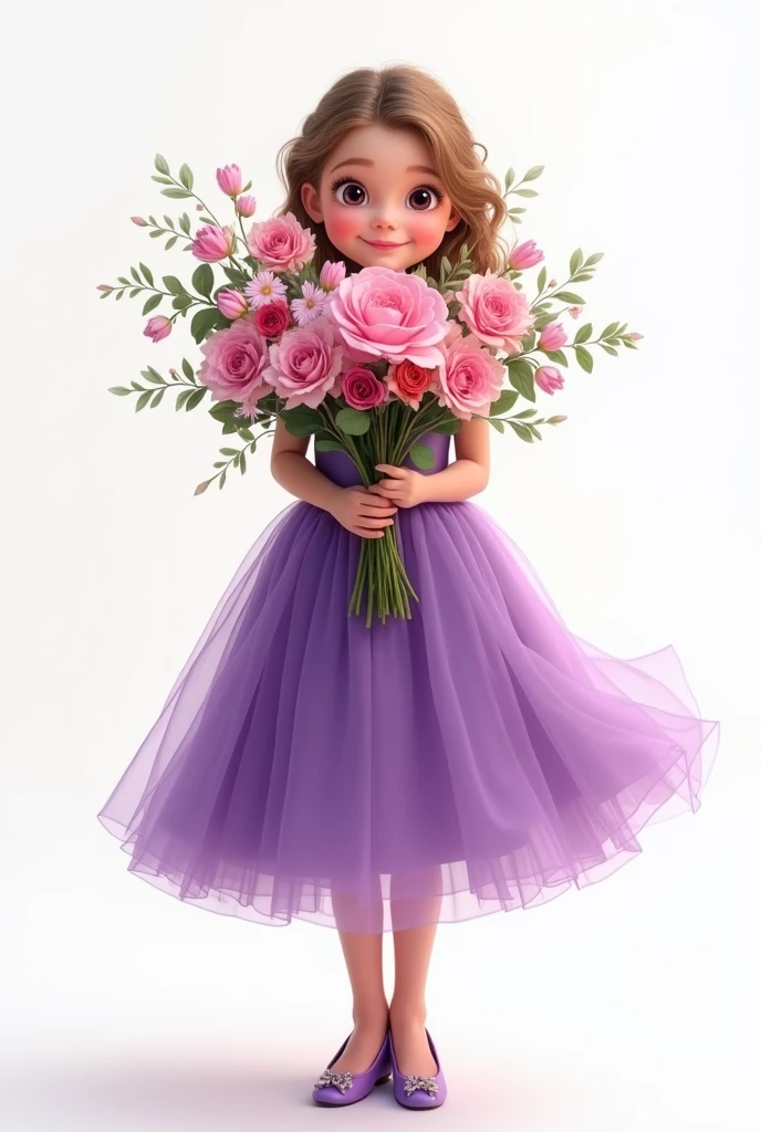 white background,baby girl standing,wearing beautiful party frock,purple shade full frill frock,wearing beautiful shoes,she holding large bunch of flowers,some flowers are fell down,nice smiling Sophia face,hide half face of flowers
