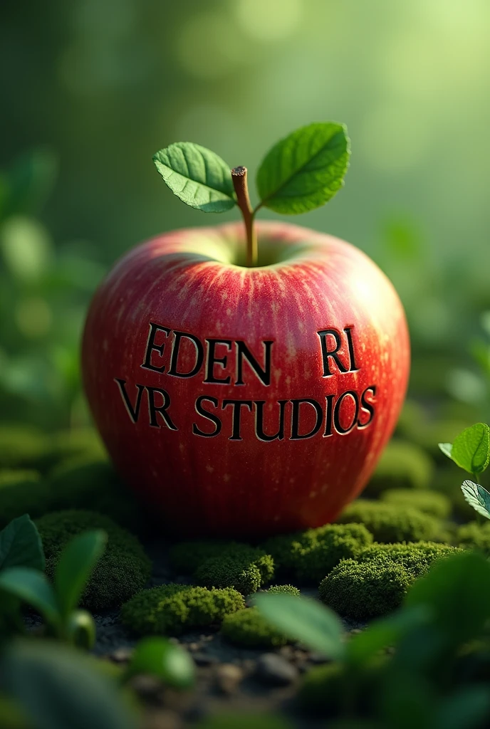 Can you generate me an apple that has an engraving? "Eden VR Studios", with green background