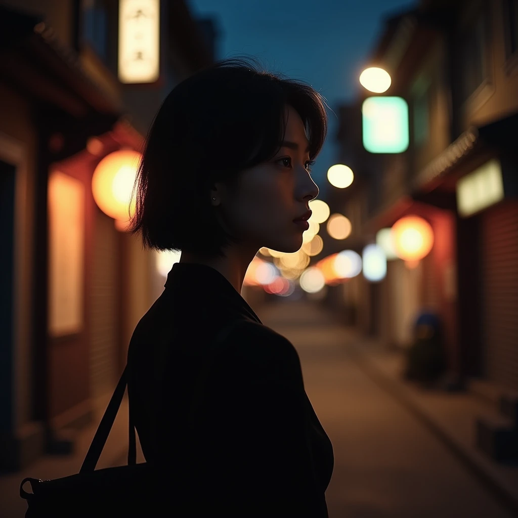 "Photo taken from behind of a young Korean woman with short hair and an attractive silhouette, dressed elegantly, seen from the back on a Korean street at night, evoking a sense of travel."