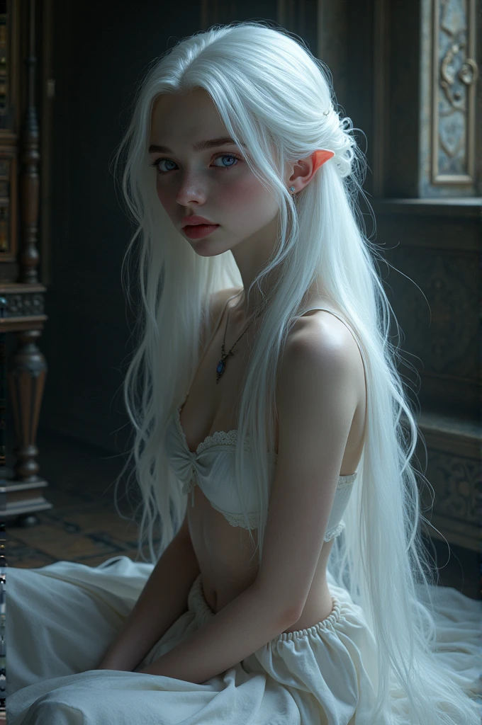 Make a young girl with long white hair, pale white skin, purple eyes she is naked, in a medieval room and the environment is dark