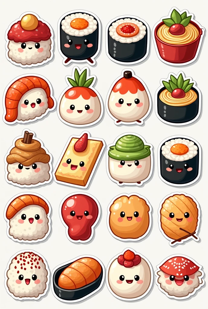 Show me a template of 25 animated Japanese food stickers