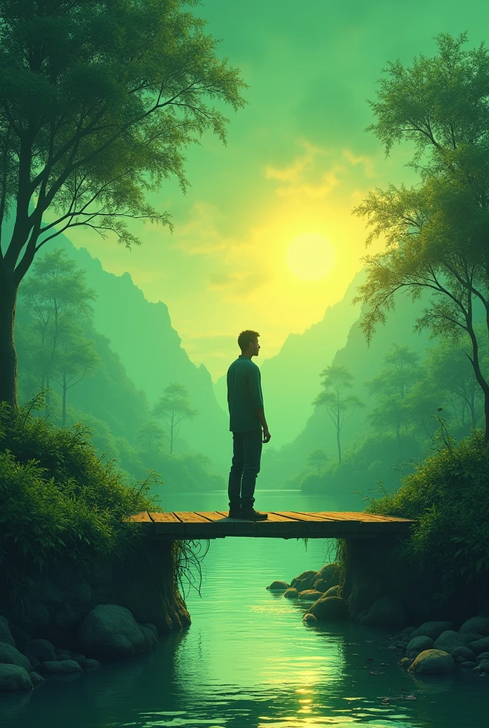 Man looking standing on the small river wooden bridge and green sky and sun background vintaged