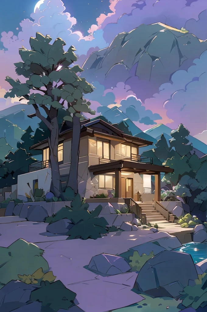 small and beautiful modern house in top of big boulders, terraces, pool, stairs, multiple cacti gardens, palms, trees, rocks, beautiful landscape design, mountains and volcano y background, amazing clouds, sun, moon, planets, milky way galaxy, concrete, wood, glass and steel materials, olive green, violet, orange and withe colors in facade