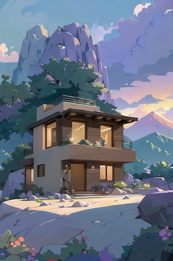small and beautiful modern house in top of big boulders, terraces, pool, stairs, multiple cacti gardens, palms, trees, rocks, beautiful landscape design, mountains and volcano y background, amazing clouds, sun, moon, planets, milky way galaxy, concrete, wood, glass and steel materials, olive green, violet, orange and withe colors in facade