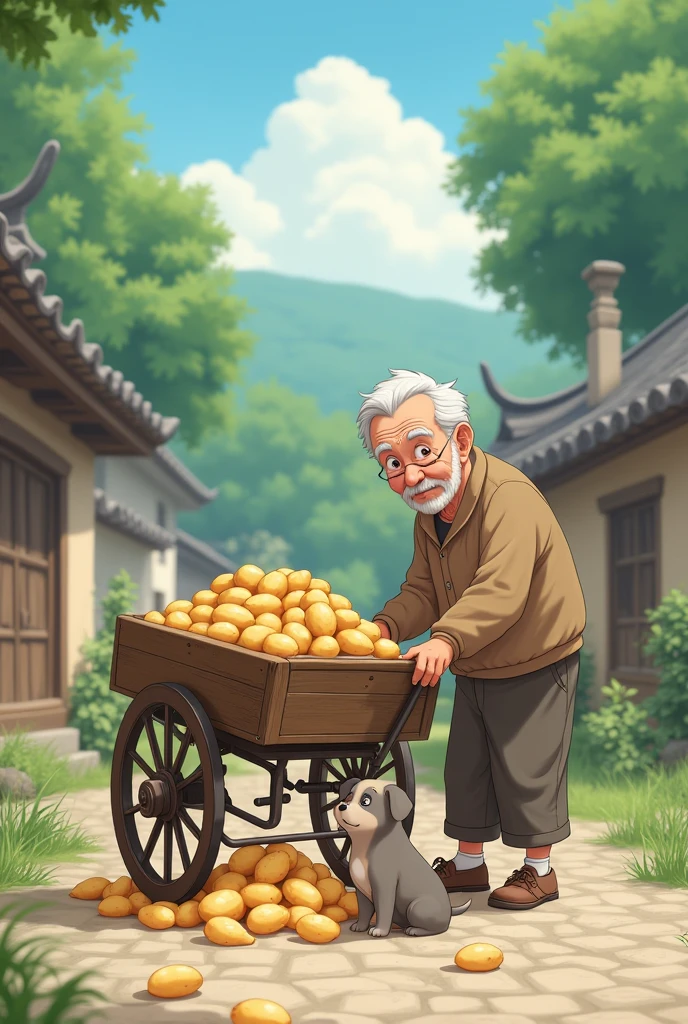 Healing anime style。The puppy is helping grandpa push the cart，A potato cart that hit Grandpa