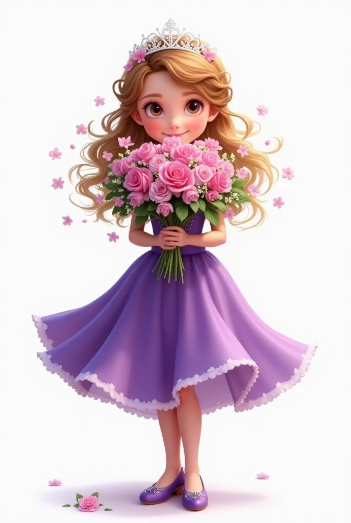white background,baby girl standing,wearing beautiful party frock,purple shade full frill frock,wearing beautiful shoes,she holding large bunch of flowers,some flowers are fell down,nice smiling Sophia face,hide half face of flowers