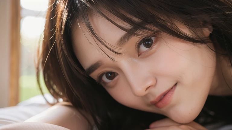 (1girl:1.3), Masterpiece, Best quality, amazing beauty, 4K, absurdres, finely detail, super detailed eye, perfect anatomy, official art, cinematic lighting, BREAK, garden, Park, outside, silky medium long hair, black hair, super shiny detailed brown eyes, facing this way, Looks like fun, Laughing, BREAK , big breasts, white skin, pale skin, , BREAK , (red underwear:1.2), BREAK,()								