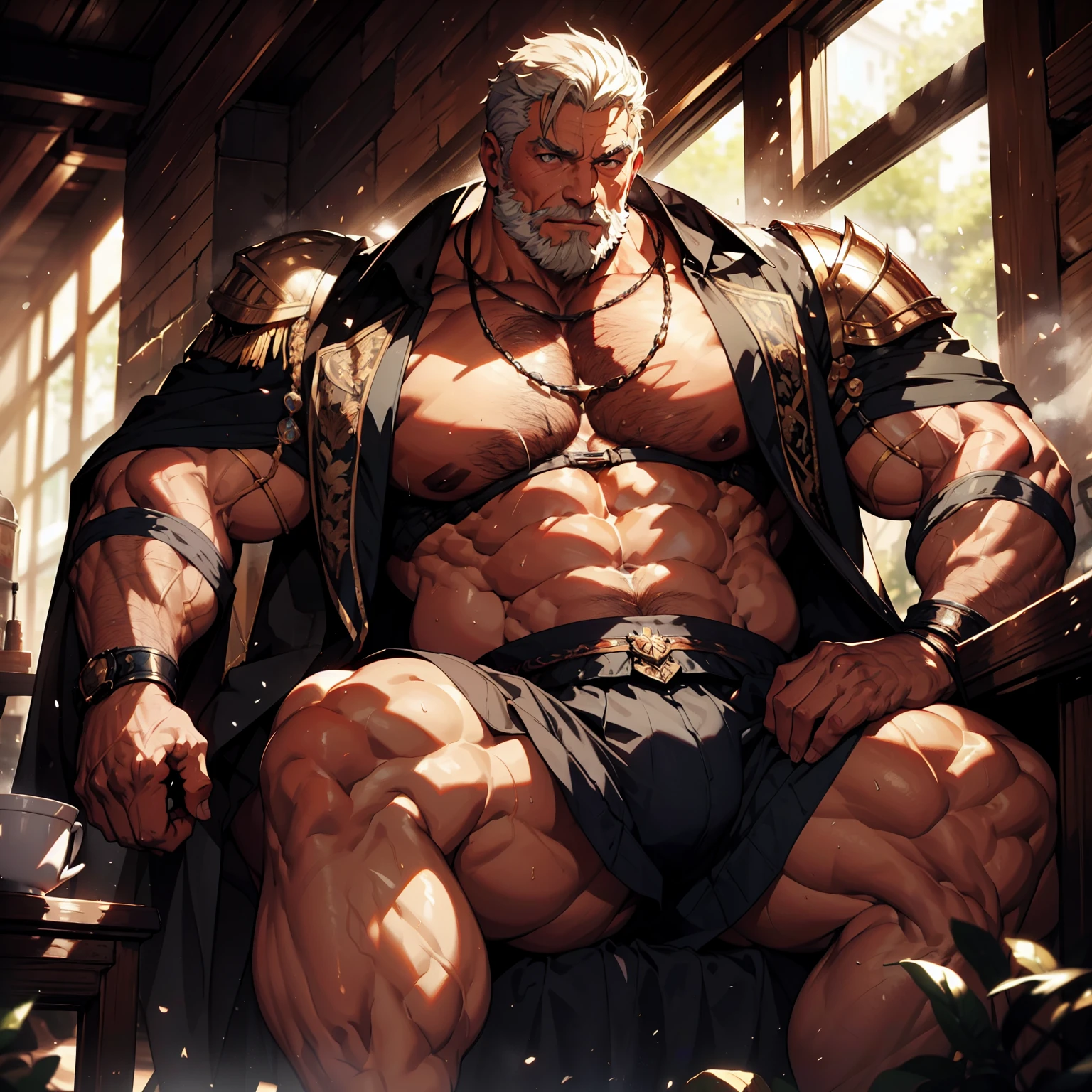 A rich medieval Duke, is sitting with his legs open, big bulge, large salience, daddy, Alpha male, fitness muscle, very detail face, detail eyes, imposing duke, wearing a roupa medieval cleavage, chest neckline, very cleavage clothes, muscular chest, wet body, gazing at viewer, imponent pose, white hair, beard that makes the face look square. Wonderful highly detailed masterpiece, beautiful cinematic light deep focus, chic, digitalpainting, smooth ass, sharp focus, golden ratio, dramatic lighting, 8k, pixiv, only