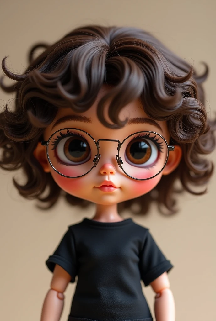 make me a blythe doll that is brown skinned doing a funny pose, with dark brown curly hair and curly fringe too, with black eyes and clear glasses, with black t-shirt 