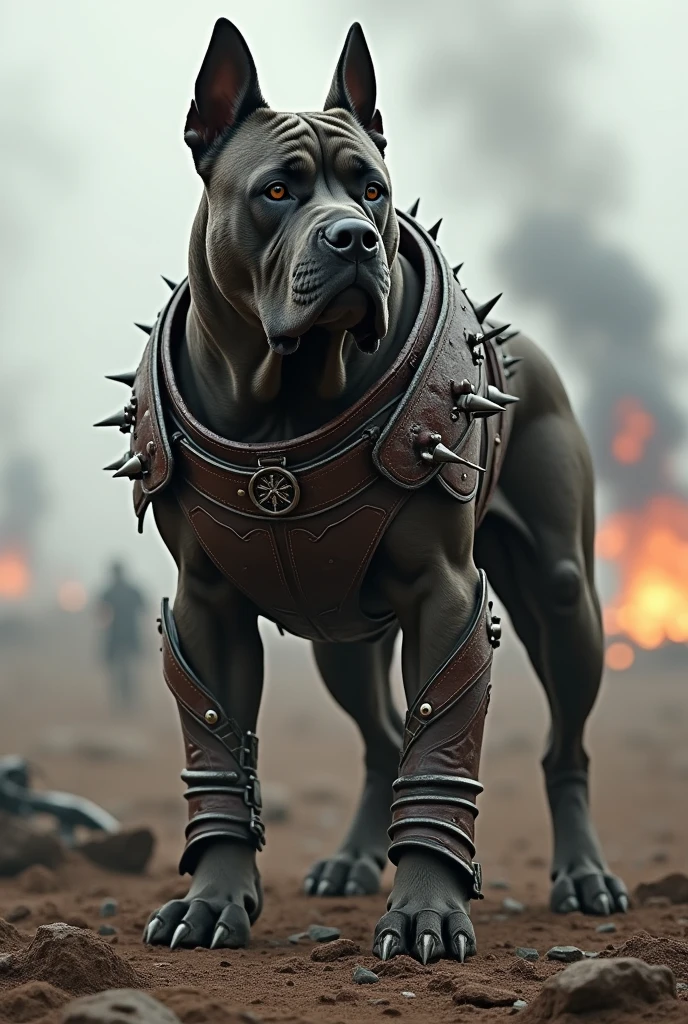 Cane corso proflie , fully leather armored , battlefield, Ferocious, tattooed