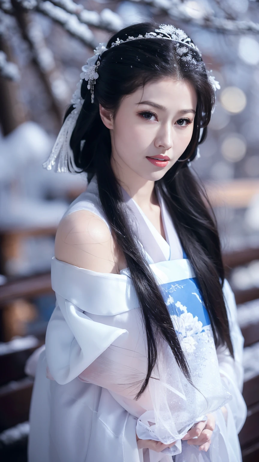 1 Fashion Model [[[[close up]]]], [[[[neck]]]], [[[[Shoulder]]]], (((Complete head)))，(((Complete hairstyle)))，Perfect eyes, Perfect Iris，Perfect lips，Perfect Teeth，Perfect skin，White skin，Soft headlights，High-density imaging，Black long hair，（Clean and delicate face），((Simple fur winter Hanfu))，((full-body shot))，((The background is a snowy scene))，((winter))，((Various dynamic poses))，((The background is a snowy scene))，best quality，masterpiece，（Soft colors：1.2）