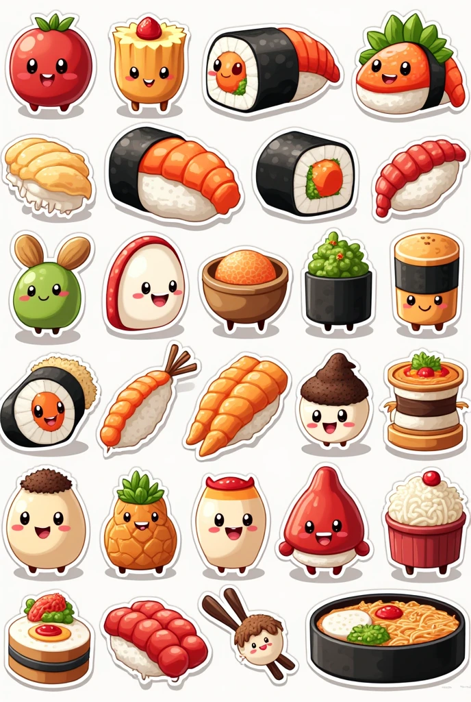Show me a template of 25 animated Japanese food stickers