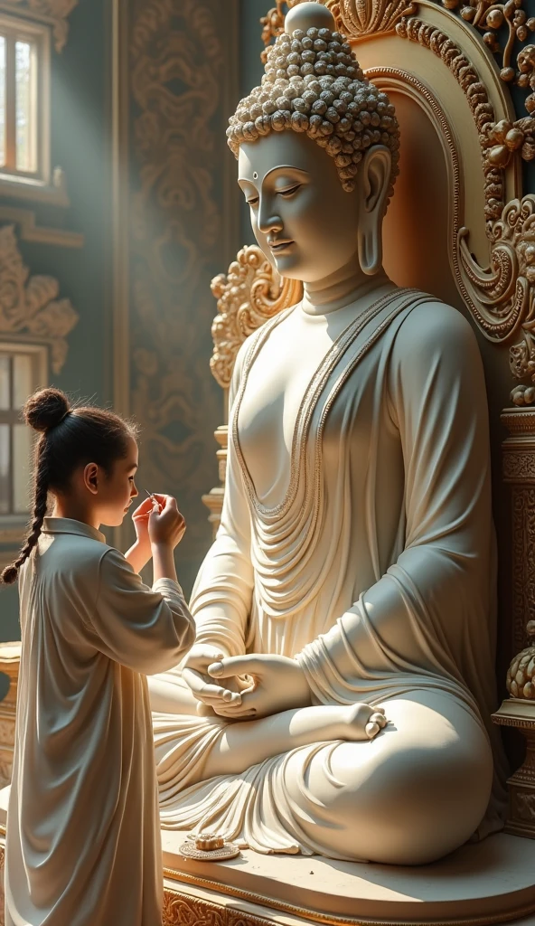 intricate detailed sculpture of young girls sculpting a large buddhist statue, incredibly detailed facial features, delicate hands, beautiful flowing robes, serene expressions, elaborate temple background, warm lighting, muted color palette, cinematic composition, photorealistic, award winning artwork, masterpiece, (best quality,8k,highres,masterpiece:1.2),ultra-detailed,(realistic,photorealistic,photo-realistic:1.37),detailed sculpture,ornate temple,soft lighting,calming atmosphere,girls sculpting,spiritual,serene