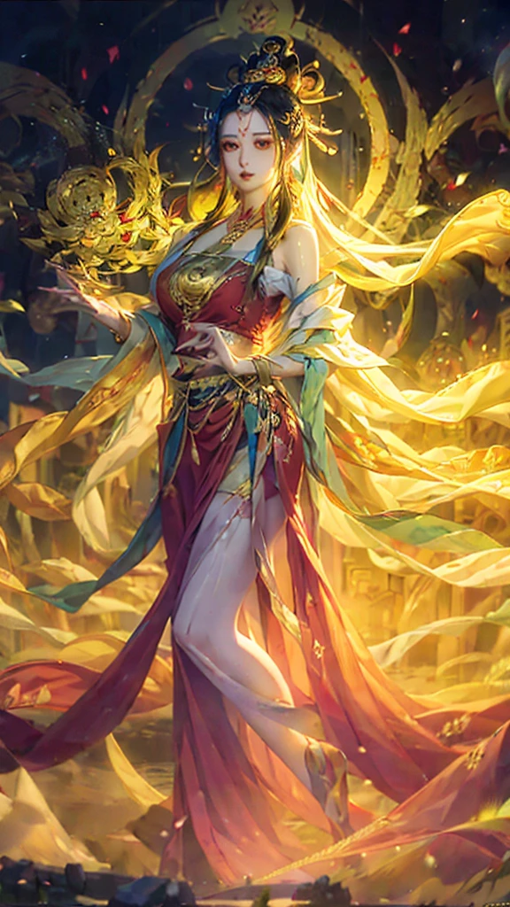Buddhist text background all over the sky,A Bodhi Girl,long hair shawl,Big breasts,wearing cassock,Swastika embossed jewelry on back,Nasturtium at feet,Movie Special Effects,Super detailed,8k