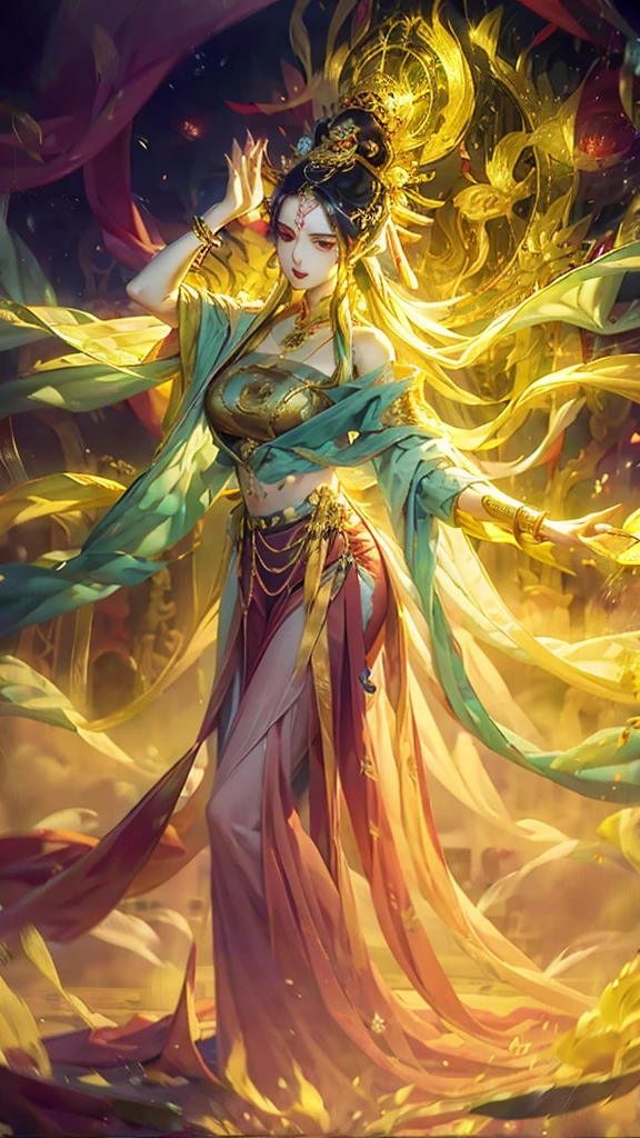 Buddhist text background all over the sky,A Bodhi Girl,long hair shawl,Big breasts,wearing cassock,Swastika embossed jewelry on back,Nasturtium at feet,Movie Special Effects,Super detailed,8k