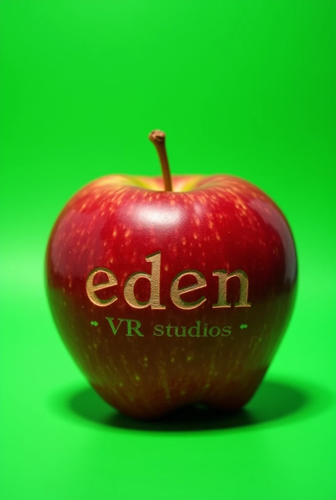Can you generate me an apple that has an engraving? "Eden VR Studios", with green screen