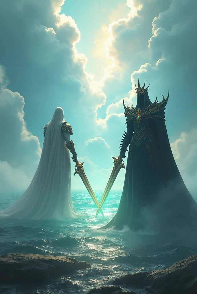 A infinite domain looking like heaven looking from earth , two giants royal guardian protecting it one white and black looks like rulers from solo leveling with their big mythical sword , surface like infinite ocean