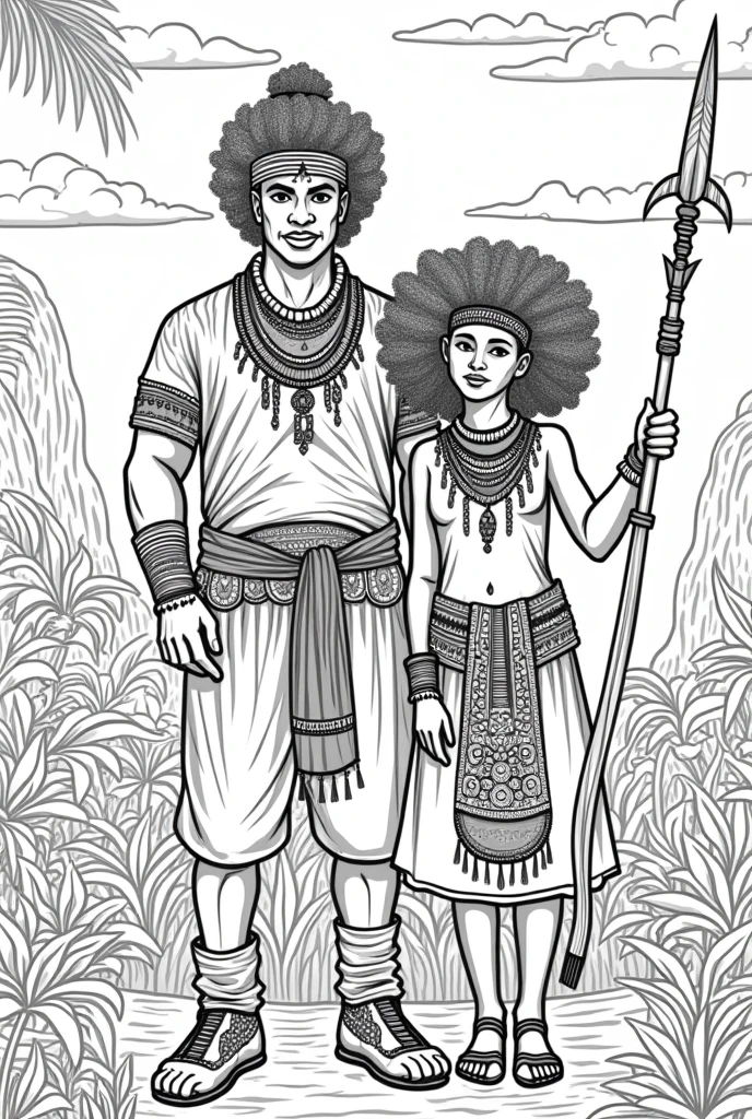  high-resolution line art coloring book page featuring the beautiful Black girl adorned with carib indian carib jewelry and a detailed headdress. The design highlights the patterns and textures, making it perfect for a coloring book., jungle, rivers, waterfal, african, Kalinago princess,  spear, kinky hair,  beads,  kinky african hair, with her warrior husband,  chubby 