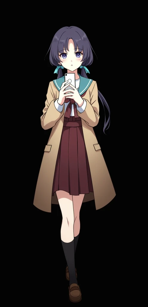 Please an image of a girl with pale skin, dark blue hair that she wears tied with light blue ribbons in two low pigtails, the right one in front of her while the left rests behind her back, and blue eyes taking a selfie together to another girl with dark purple hair tied in a long ponytail that reaches her thighs, with thin amber eyes. Wearing a school uniform consisting of a beige collared formal jacket along with a white t-shirt underneath