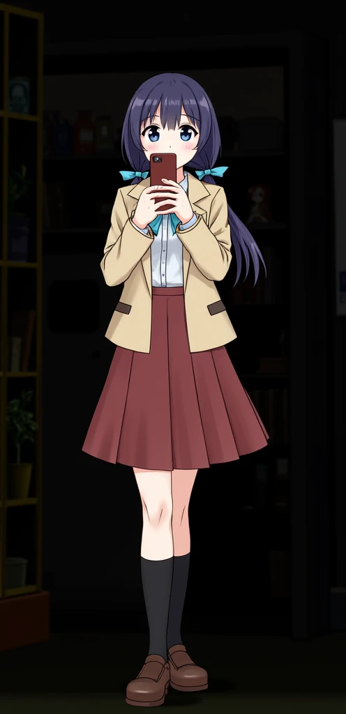 Please an image of a girl with pale skin, dark blue hair that she wears tied with light blue ribbons in two low pigtails, the right one in front of her while the left rests behind her back, and blue eyes taking a selfie together to another girl with dark purple hair tied in a long ponytail that reaches her thighs, with thin amber eyes. Wearing a school uniform consisting of a beige collared formal jacket along with a white t-shirt underneath