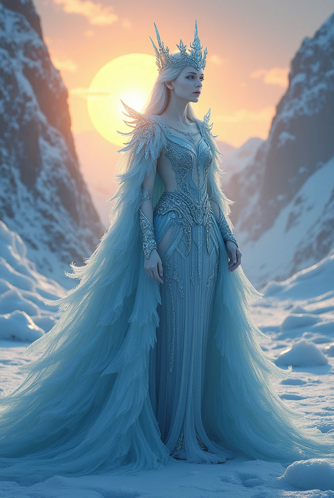 `an ice queen in a kingdom with the sun in the background, high definition, rich in details`