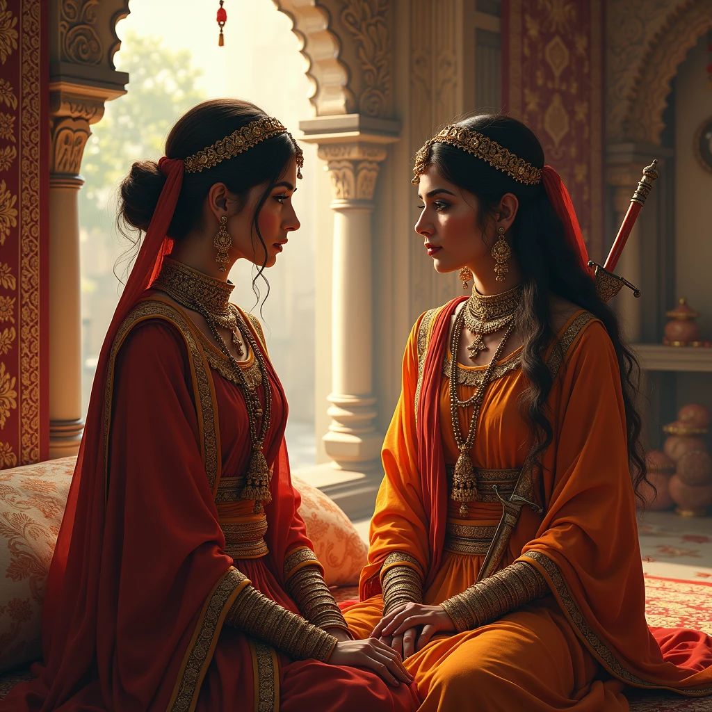 A  female rajput warrior talk and  other female rajput warrior in their kingdom room , she sitting a bed and a