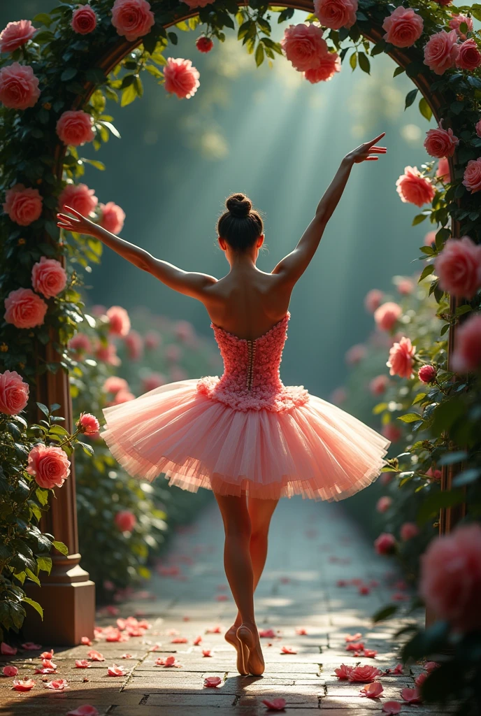 A mesmerizing ballet performance set in an enchanting garden filled with blooming roses. The scene centers around a graceful ballerina adorned in a delicate tutu made of rose petals. She performs elegant dance movements under a beautifully decorated archway, entwined with roses and vines. The background is dimly lit, highlighting the ballerina and creating a magical, ethereal atmosphere. The roses in the garden sway gently as if in sync with the ballerina's movements, adding to the dreamlike quality of the scene. Soft, classical music plays in the background, enhancing the beauty and serenity of the dance. The camera follows her fluid motions, capturing close-ups of her delicate gestures and the intricate details of the rose petals that adorn her dress, creating a captivating and poetic visual experience."