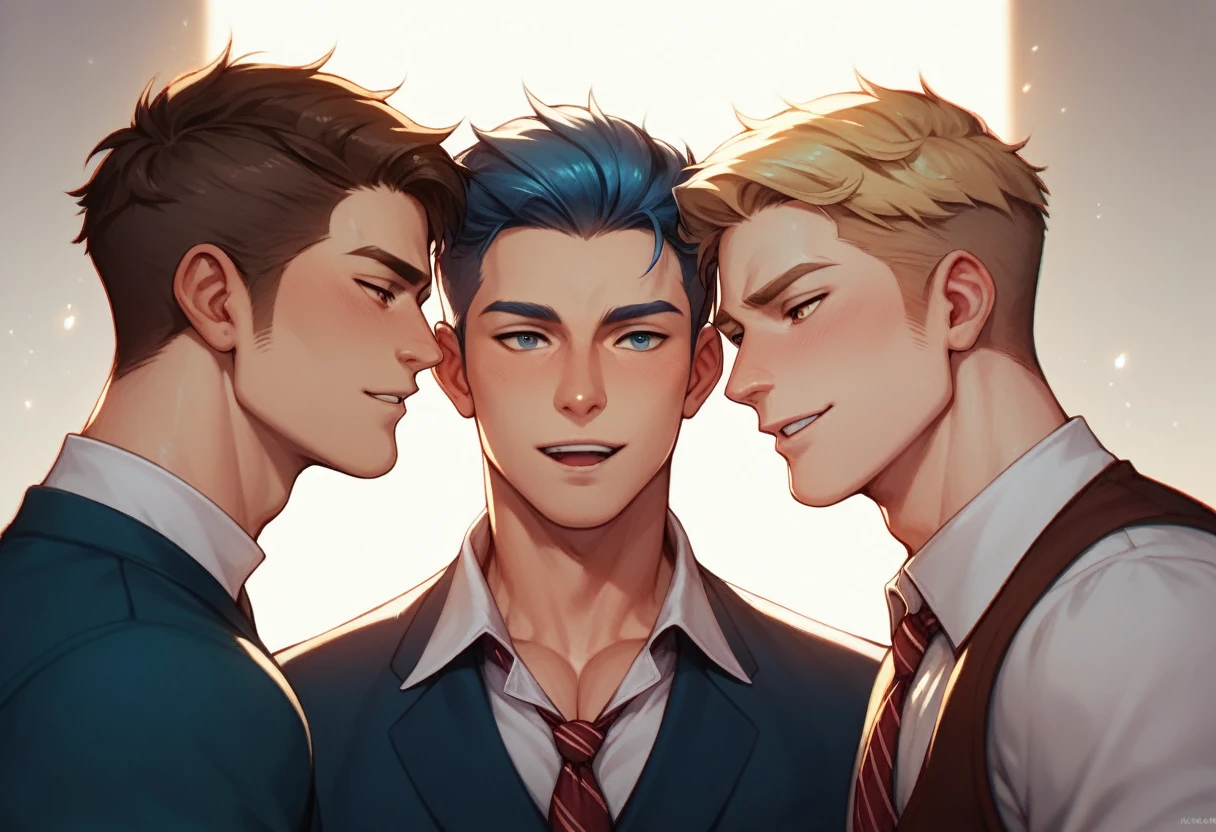 best quality, masterpiece, extremely detailed, close up of five men of different races and builds standing next to each other, varying hairstyles, gay, homoerotic, romantic atmosphere, ambient lighting, extremely dramatic shadows, perfection, no watermark, no logo, no signature