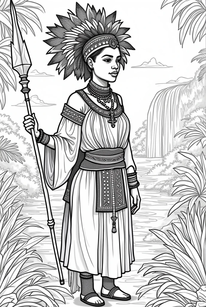  high-resolution line art coloring book page featuring the beautiful Black girl adorned with carib indian carib jewelry and a detailed headdress. The design highlights the patterns and textures, making it perfect for a coloring book., jungle, rivers, waterfal, african, Kalinago princess,  spear, kinky hair,  beads,  kinky african hair
