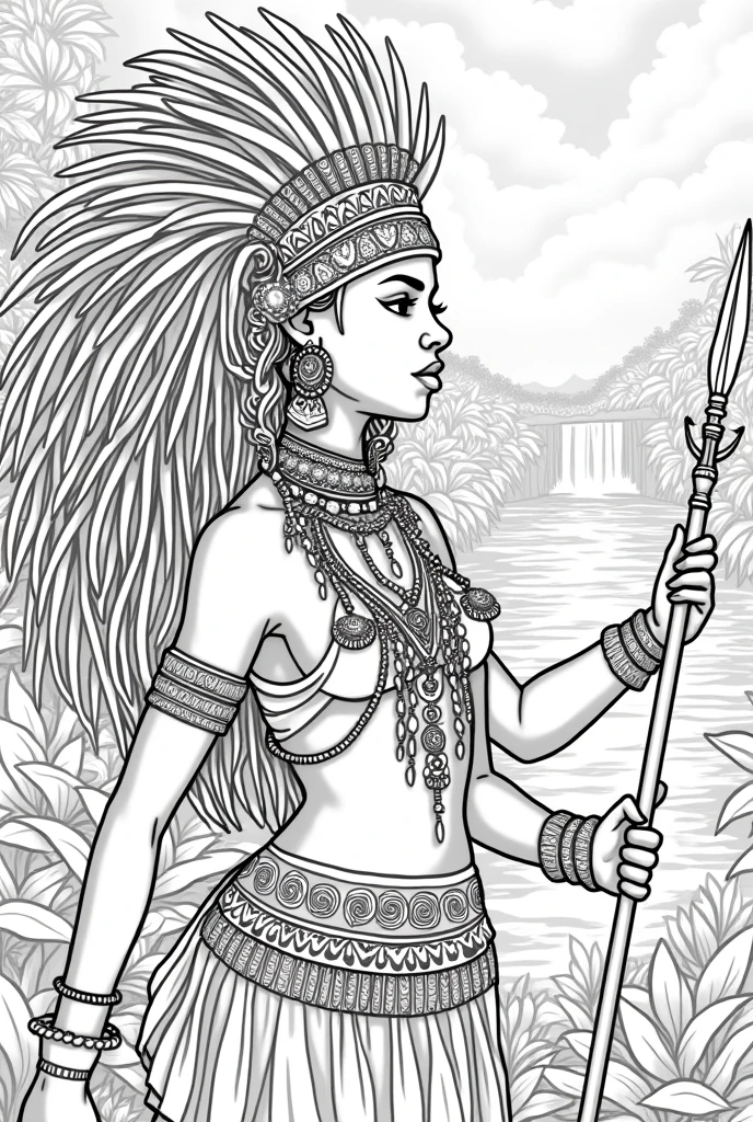 high-resolution line art coloring book page featuring the beautiful Black girl adorned with carib indian carib jewelry and a detailed headdress. The design highlights the patterns and textures, making it perfect for a coloring book., jungle, rivers, waterfal, african, Kalinago princess, spear, kinky hair, beads, kinky african hair