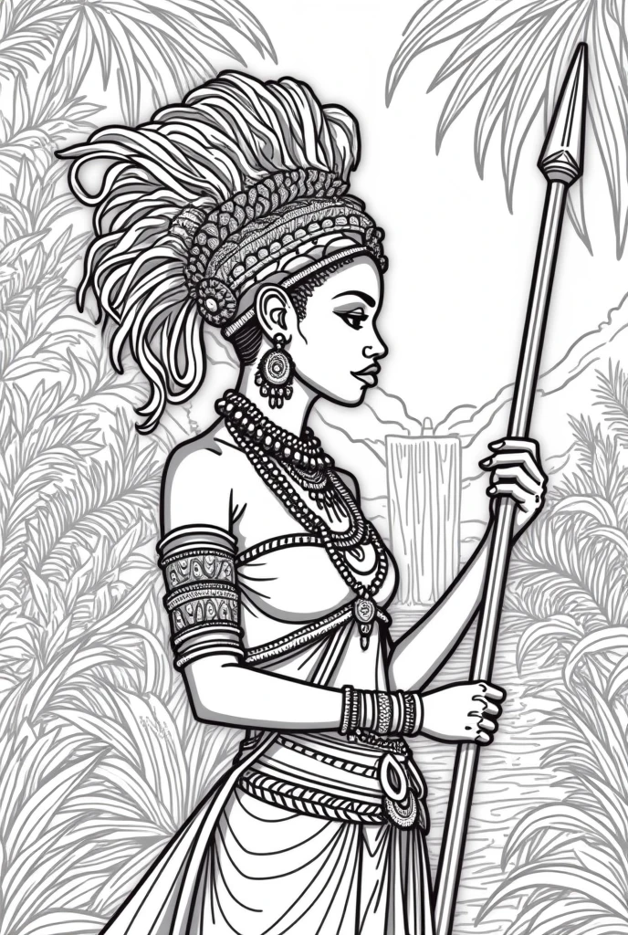  high-resolution line art coloring book page featuring the beautiful Black girl adorned with carib indian carib jewelry and a detailed headdress. The design highlights the patterns and textures, making it perfect for a coloring book., jungle, rivers, waterfal, african, Kalinago princess,  spear, kinky hair,  beads,  kinky african hair