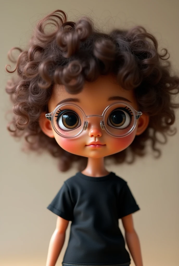 make me a blythe doll that is brown skinned doing a funny pose, with dark brown curly hair and curly fringe too, with black eyes and clear glasses, with black t-shirt