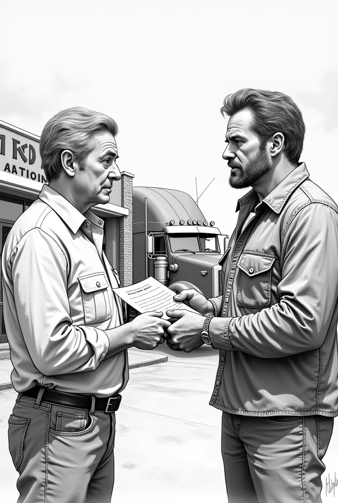 an instructional drawing of a fast food manager talking to a truck driver and selling his documents