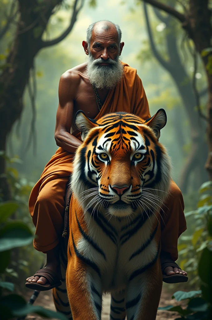 Myanmar old man riding a tiger