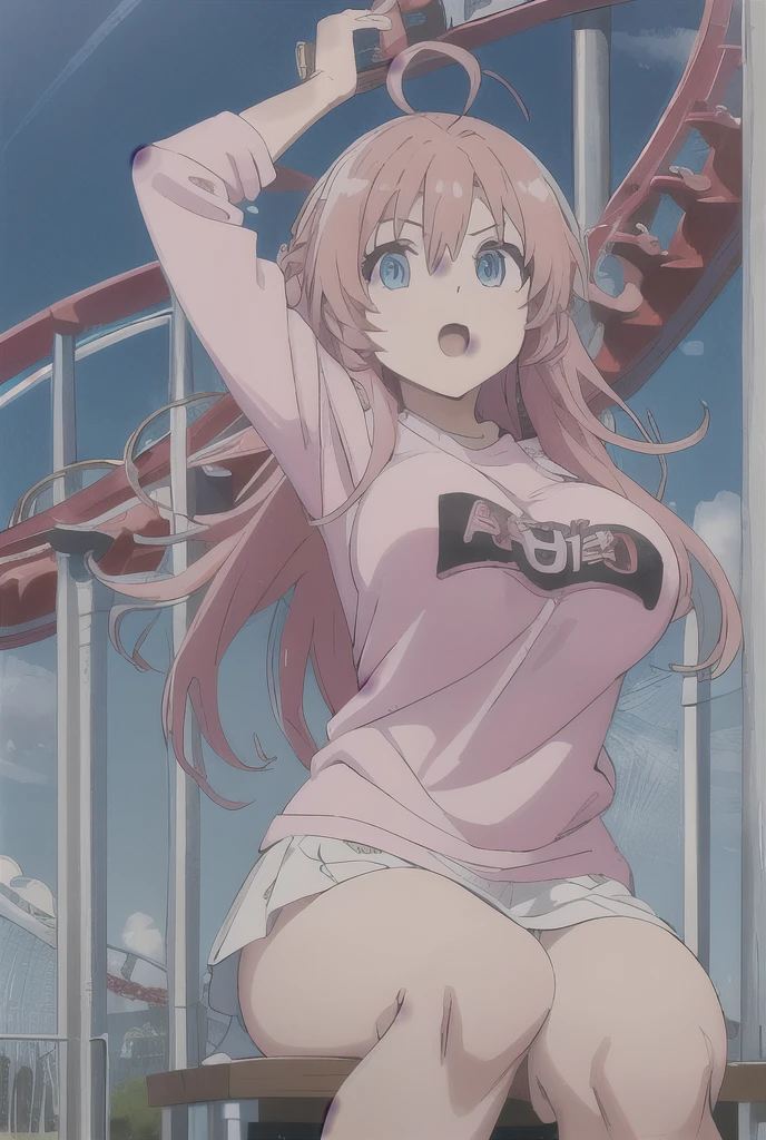 (best quality), (masterpiece), atena_saotome, ahoge, large breasts, oversized shirt, riding roller coaster, wind blowing through her hair, bright amusement park in the background, looking at viewer, 