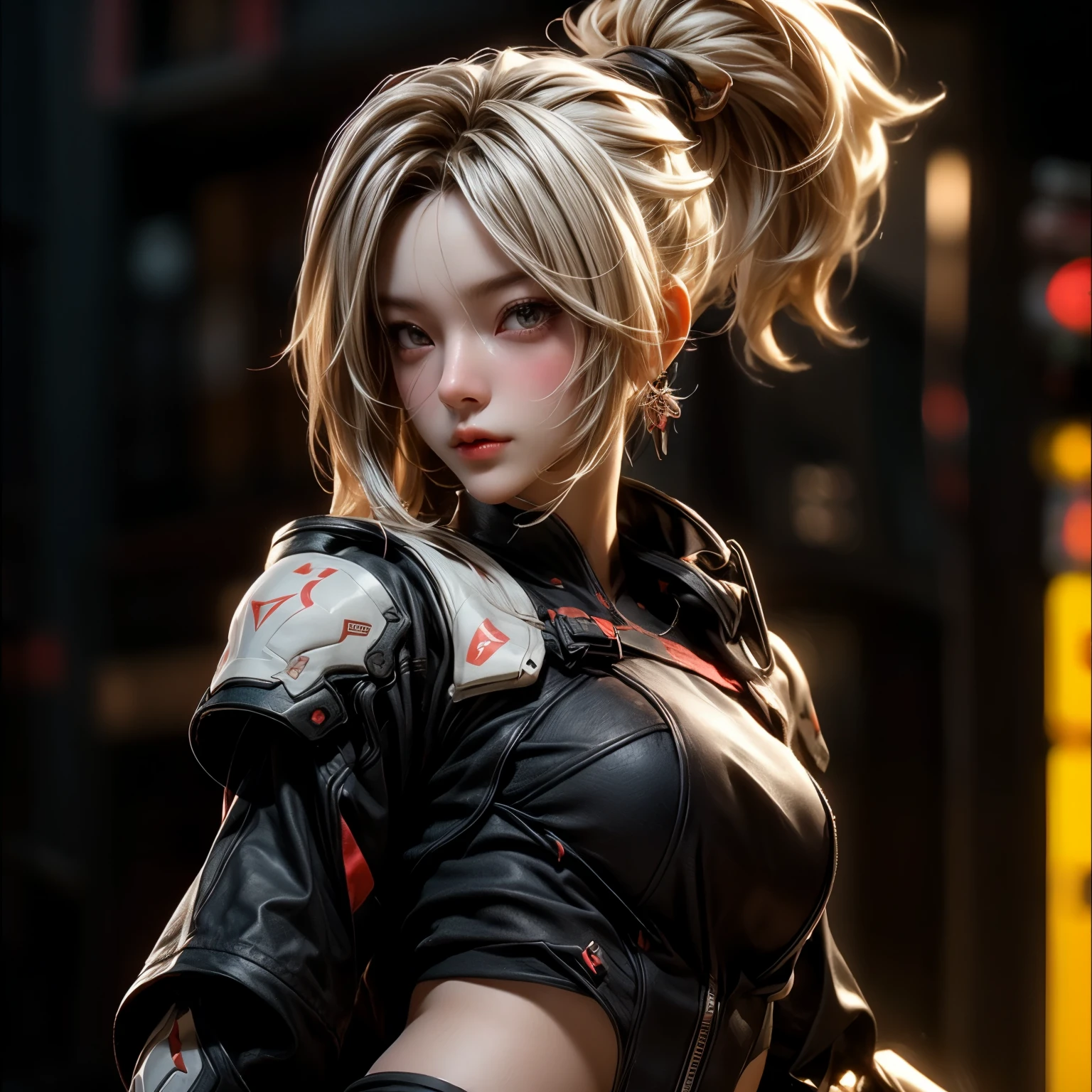 (best quality)), ((Masterpiece)), (details:1.4), 3d, HDR (high dynamic range), an image of a beautiful cyberpunk female, Hips up, cyberpunk, Blonde hair, High ponytail, beautiful White eyes, จมูกโด่ง, ปากแดง, หน้าอกใหญ่, nvidia RTX, PBR surface, After processing, Anisotropic filtration,depth of field, Maximum clarity and clarity, multi-layered surface, Subsurface scattering, perfect proportions, 8K raw files, ultra detailed, Perfect proportions, volumetric lighting, soft lighting, Holy Paladin, Heavy black Armor, glossy skin, Castle background, jewely, ต่างหู, นิ้วมือสมบูรณ์,