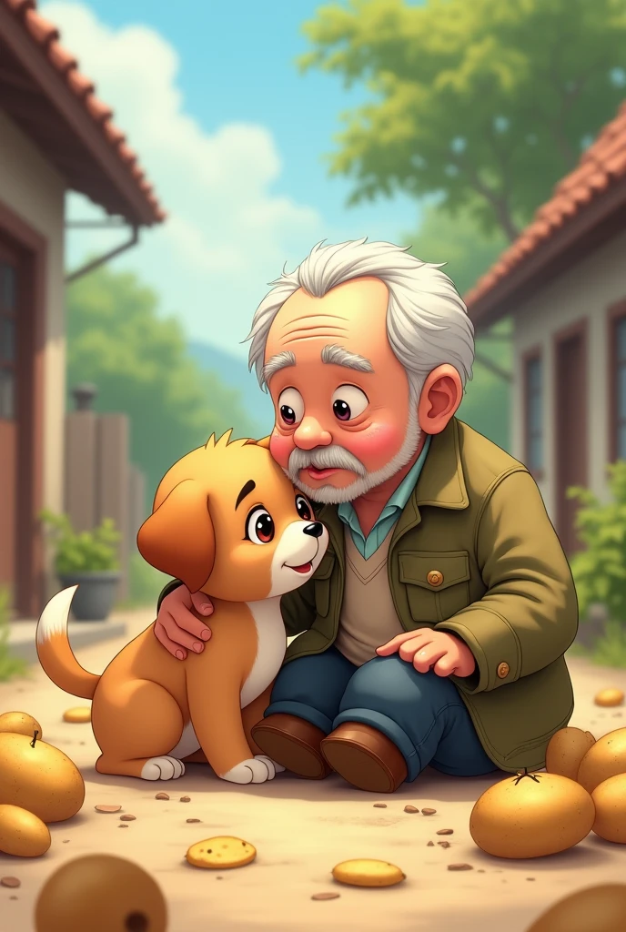 Healing anime style。The puppy is helping grandpa push the cart,A potato cart that hit Grandpa,Falling into potatoes