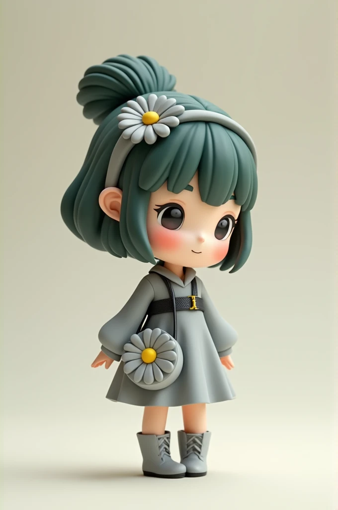 A C4D model, chibi-style girl, in a soft gray dress with a black belt. Her dark green hair is styled in a whimsical updo with a gray flower headband. She carries a handbag shaped like a gray daisy and wears stylish gray ankle boots.