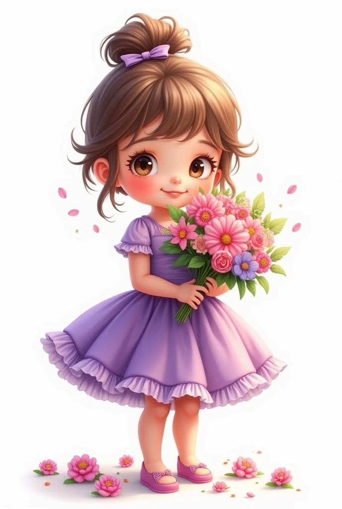 white background,cute baby girl standing,wearing beautiful party frock,purple shade full frill frock,wearing beautiful shoes,she holding large bunch of flowers,some flowers are fell down,nice smiling Sophia face,hide half face of flowers