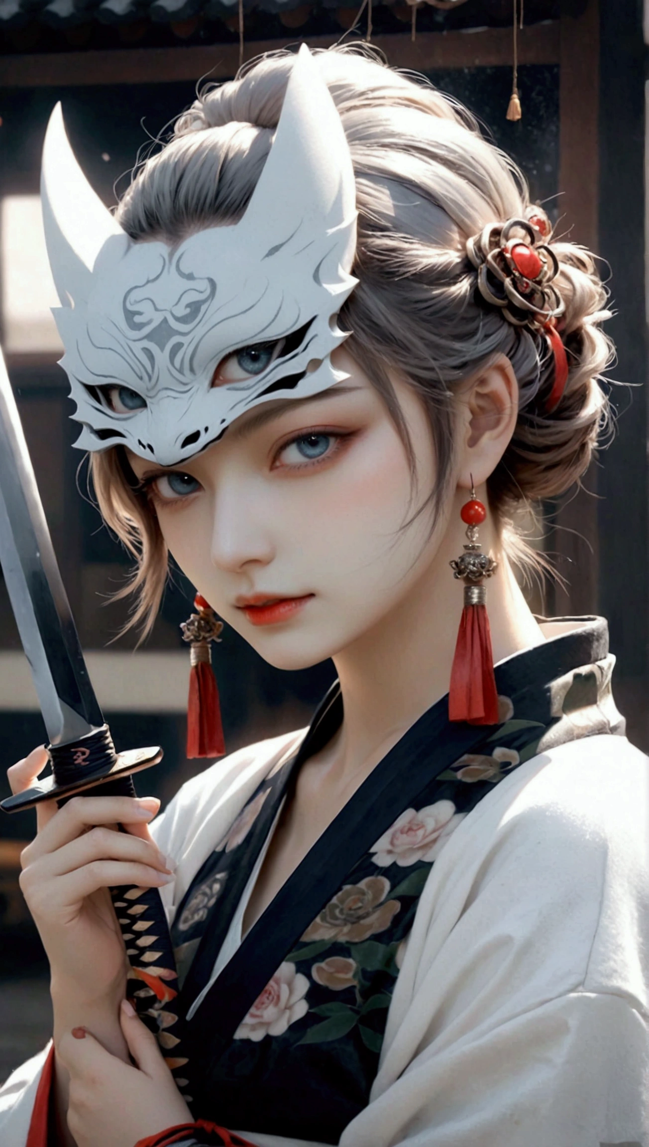 (Japanese sword &reference;Muramasa 2&reference;.2)Two beautiful women、Japanese swordを持った女性、Shinobi Costume、Warrior、Clear Eyes、{Arm tattoo、Warrior、Realistic battle scenes、敵Warriorの返りBlood、Blood、High resolution、Highest quality、Very detailed、8k、background、