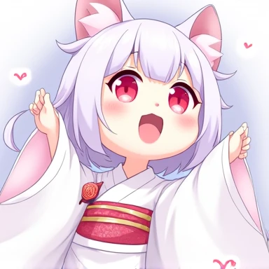 One Woman,Gray Hair,Cat ear,((Chibi Character)) ,Red eyes,,White kimono,Raise your hands,Jumping,Smiling Face,smile,Please enter text in the bottom right corner of the fantasy image,A very popular font,