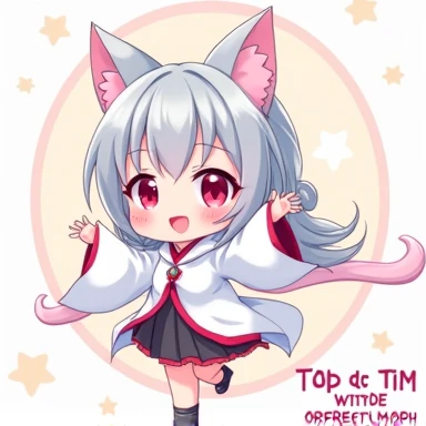 One Woman,Gray Hair,Cat ear,((Chibi Character)) ,Red eyes,,White kimono,Raise your hands,Jumping,Smiling Face,smile,Please enter text in the bottom right corner of the fantasy image,A very popular font,
