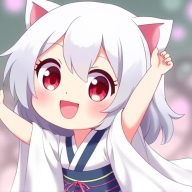 One Woman,Gray Hair,Cat ear,((Chibi Character)) ,Red eyes,,White kimono,Raise your hands,Jumping,Smiling Face,smile,Please enter text in the bottom right corner of the fantasy image,A very popular font,