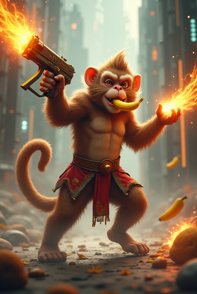 Monkey king and banana eating whit fire gun