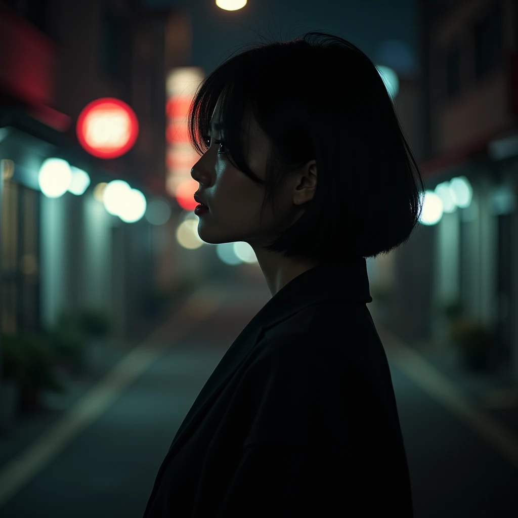 "Photo taken from behind of a young Korean woman with short hair and a beautiful profile, with backlighting obscuring her face, dressed elegantly, seen from the back on a Korean street at night, evoking a sense of travel."