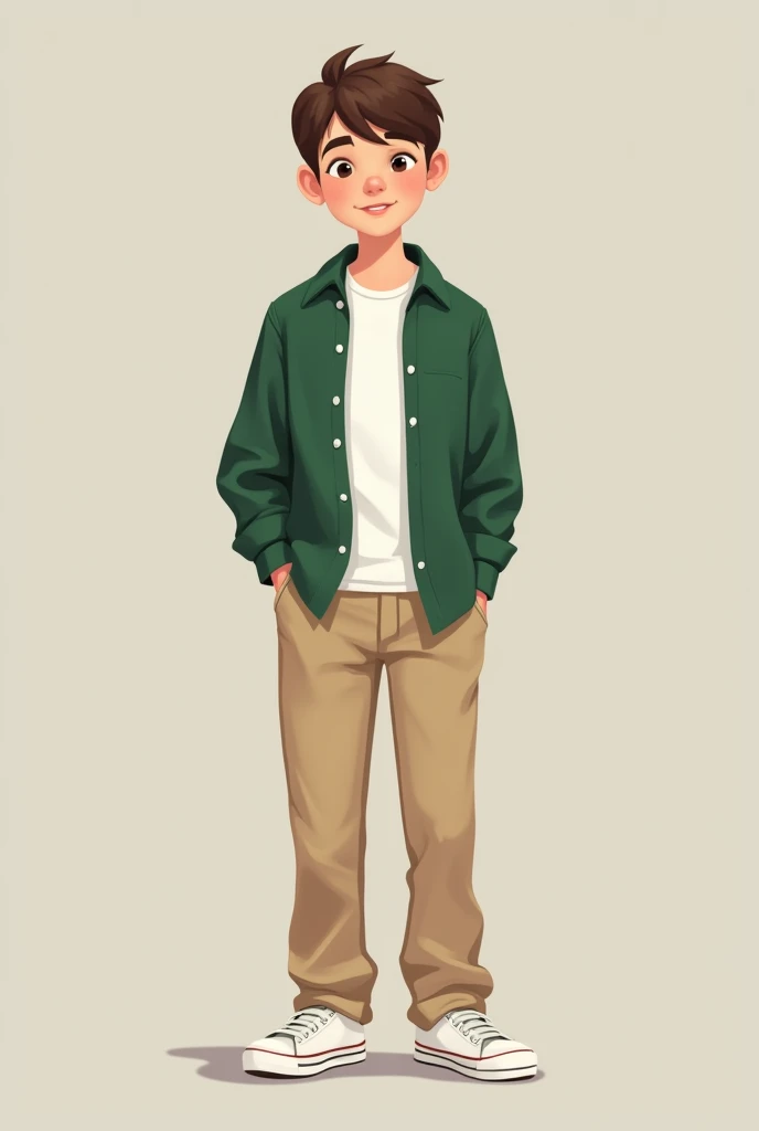 A teenager with short brown hair wearing a green shirt, white t-shirt, beige pants and converse