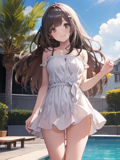 Girl, cute, adorable, smiling, straight hair, long hair, black hair, brown eyes, standing, Swayback stance, looking at the camera, From the front, from thighs to head, pool, daylight,Skirt-style-bikini