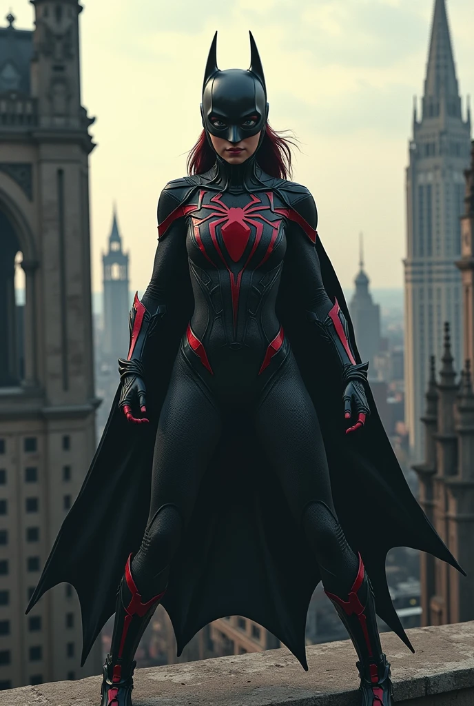 Spiderwoman mixed with Batman in fighting pose,on a rooftop in gothic city in the afternoon