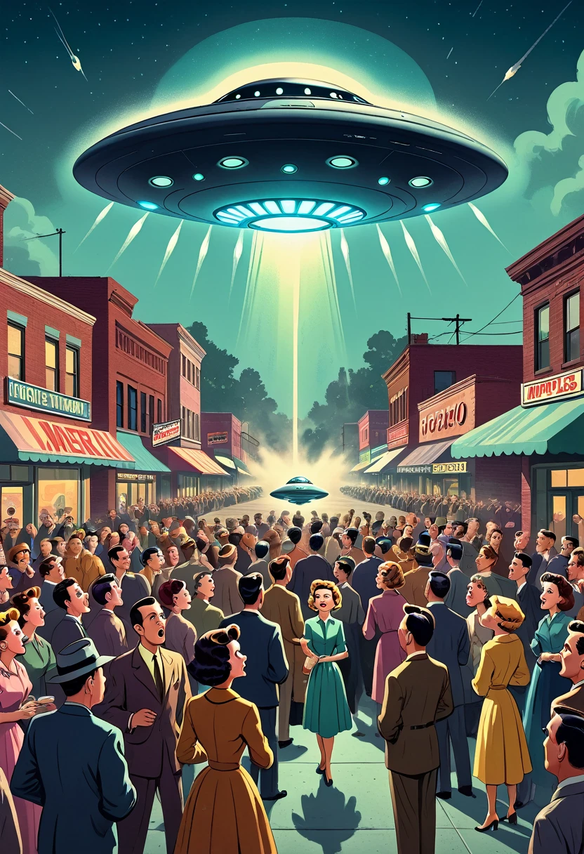 a crowd of people in 1950s america startled by a retro ufo, panic, nostalgic feeling, intricate details, cinematic lighting, photorealistic, concept art, muted color palette, dramatic shadows, vintage style, dynamic composition